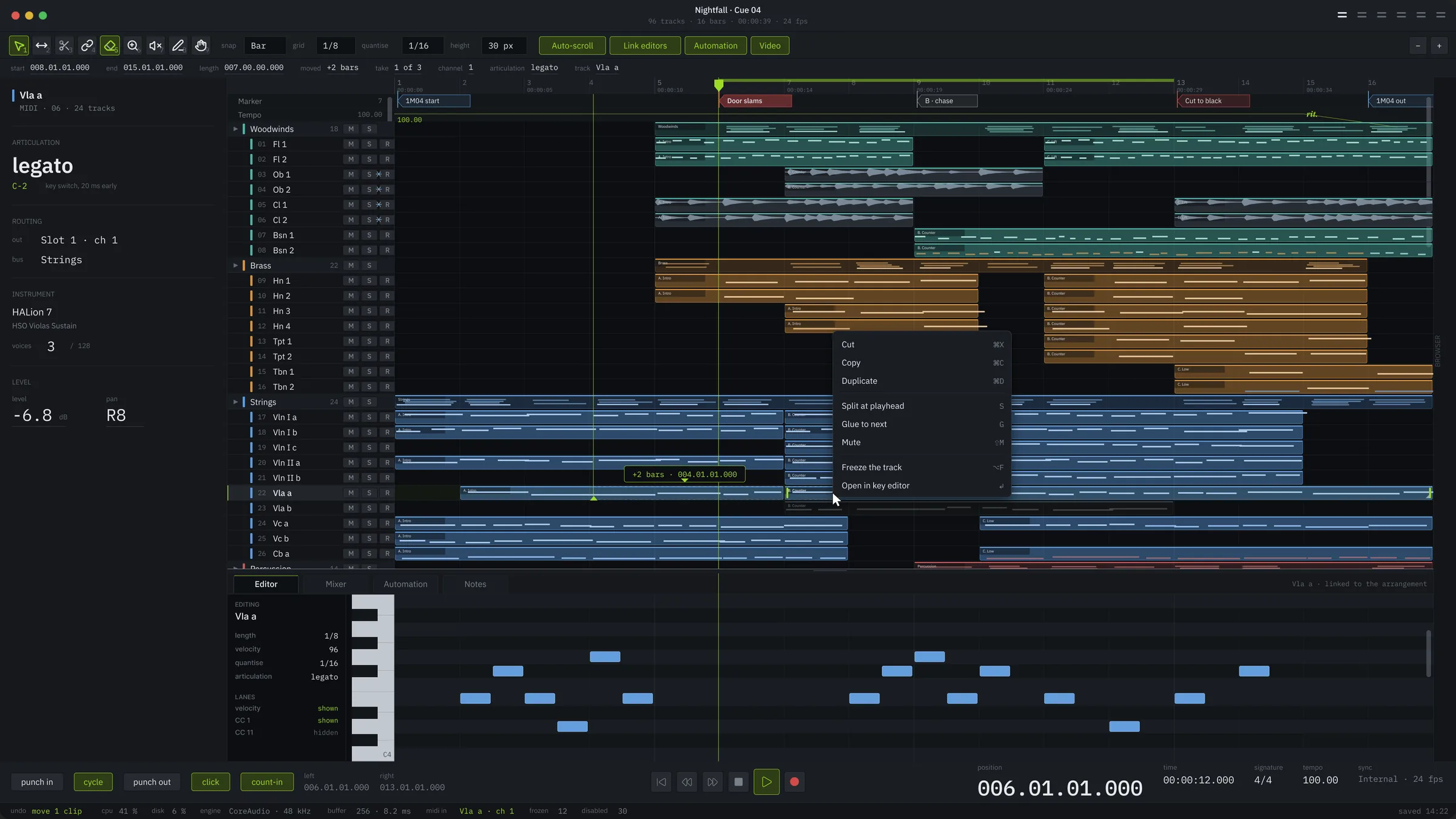 The Stavia arrangement window, with ninety-six tracks in folders under a marker track and a tempo track.