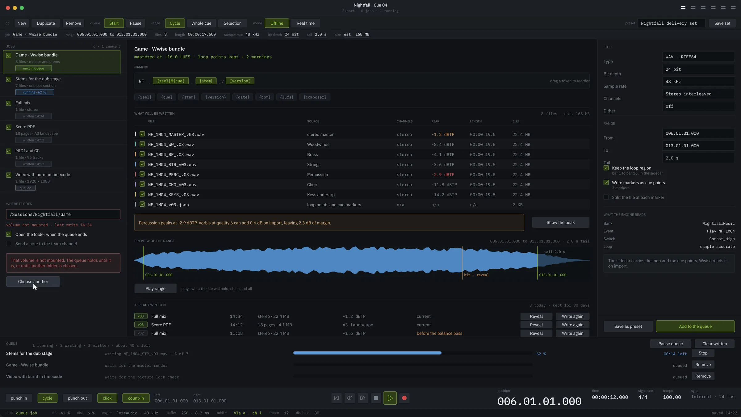 The export queue, the naming pattern, the files waiting to be written and a preview of the range they cover.
