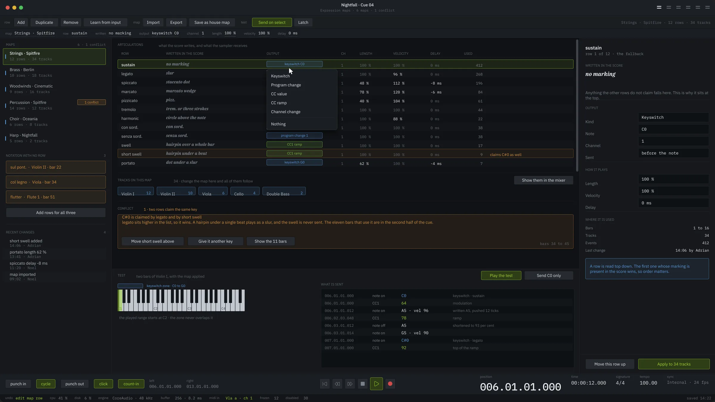 Twelve articulation rows, a test keyboard with its keyswitch zone marked, and the stream of events the map sends.