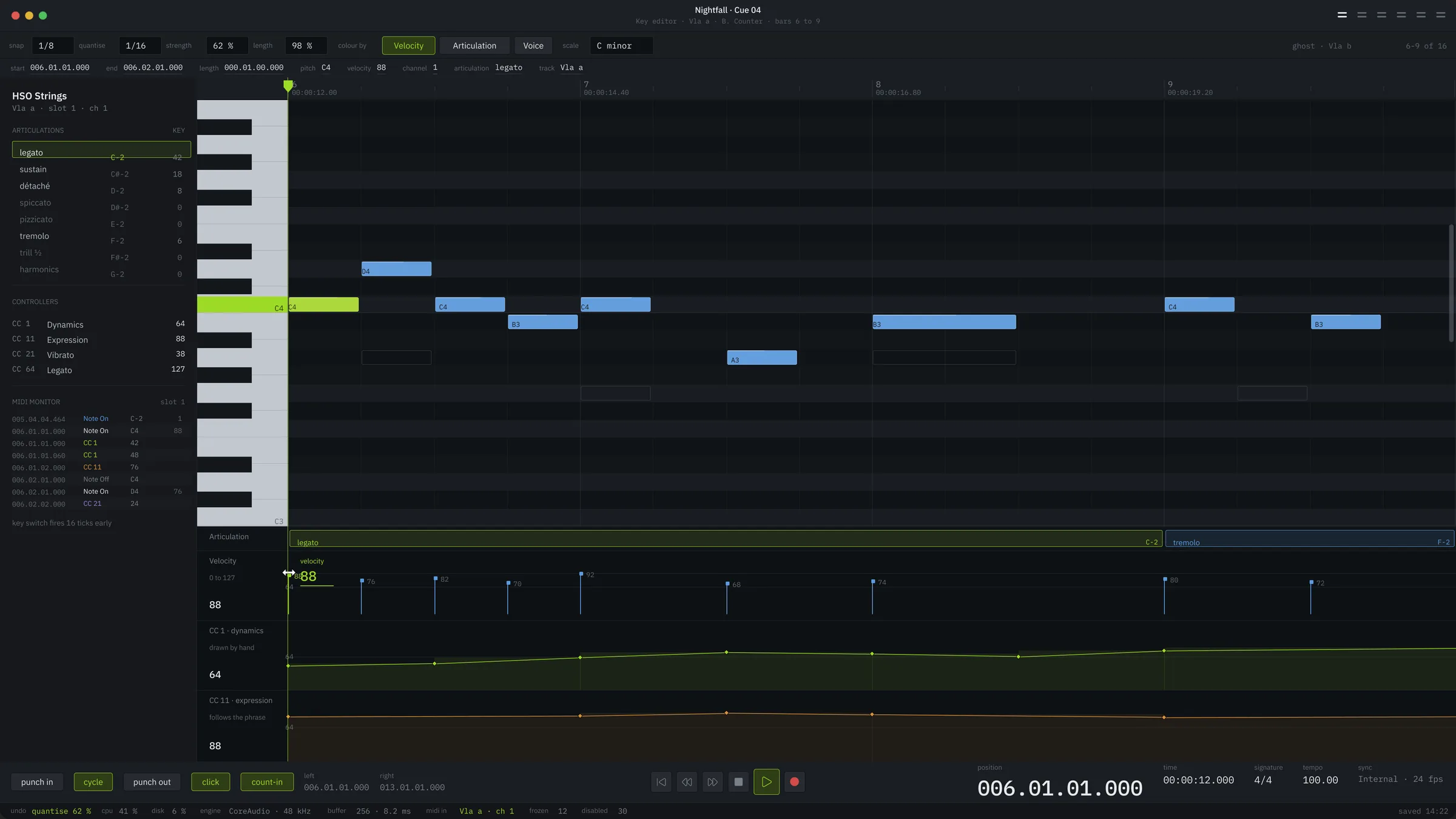A key editor with an articulation lane, velocity and two controller lanes.