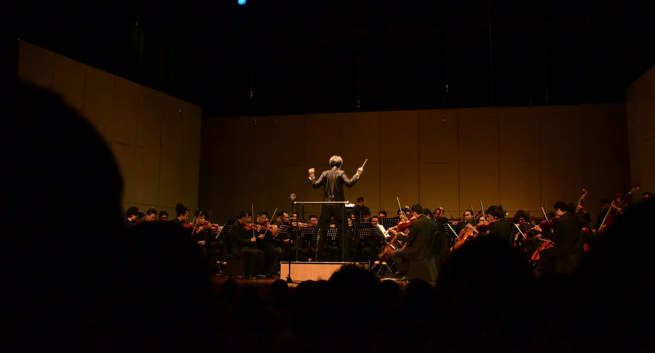 An orchestra playing in a dimly lit hall.