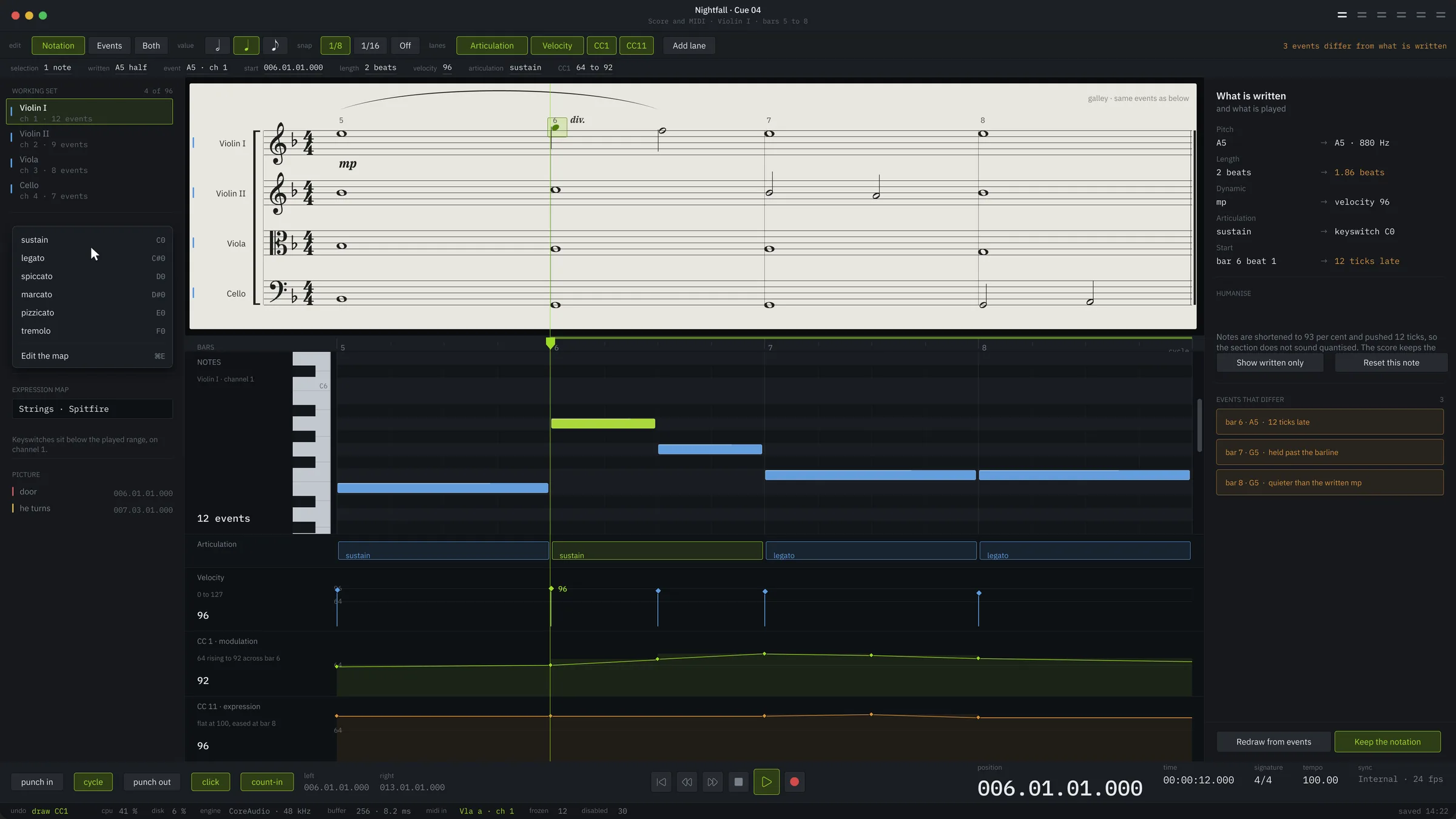 Four string staves over a piano roll, with an articulation lane, velocity, CC 1 and CC 11 beneath.