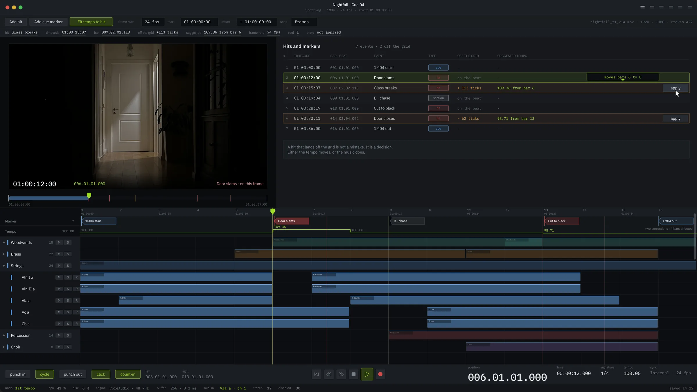 The spotting screen, with a video monitor, a list of hits at their bar positions, and a tempo track carrying two corrections.
